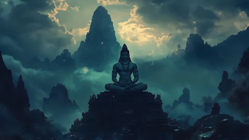 Silent mountain guardian in deep teal twilight meditation.