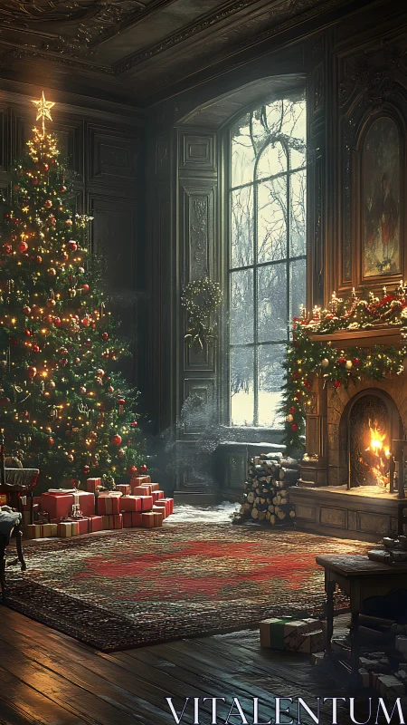 Opulent Christmas parlor with glowing tree and hearth.