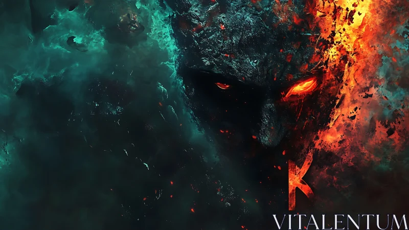 Demonic stone visage burns through teal smoke and fire.