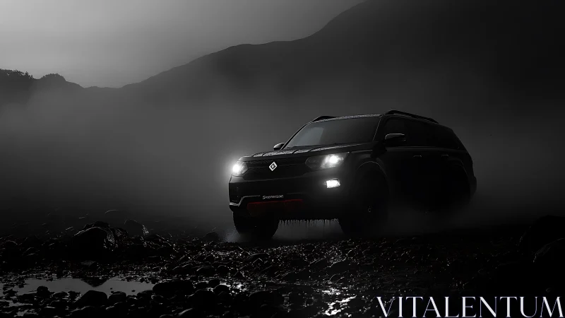 Off-road SUV cuts through nocturnal fog with dramatic lighting