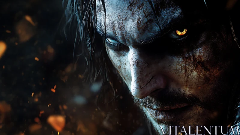 Battle-worn man stares forward with glowing amber eye