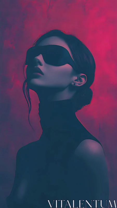 Neon-lit woman in futuristic shades gazes into shadowed distance.