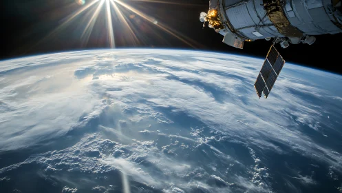 Low Earth orbit spacecraft with solar array above sunlit clouds