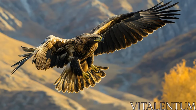 Majestic golden eagle in flight over autumn mountains, wildlife photo.