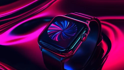 Futuristic smartwatch with neon swirl display in vibrant digital art.