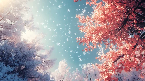 Snowflakes drift between pastel winter trees under soft light