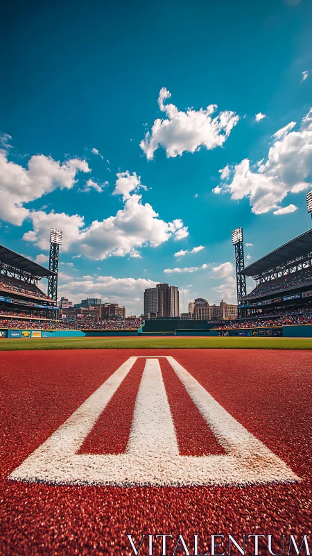 Low-angle baseball field runway lines frame urban stadium vista