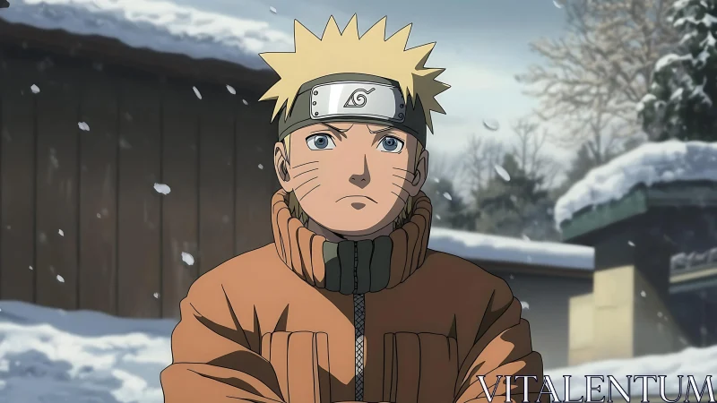 Blond anime boy stares ahead in quiet snowy village street