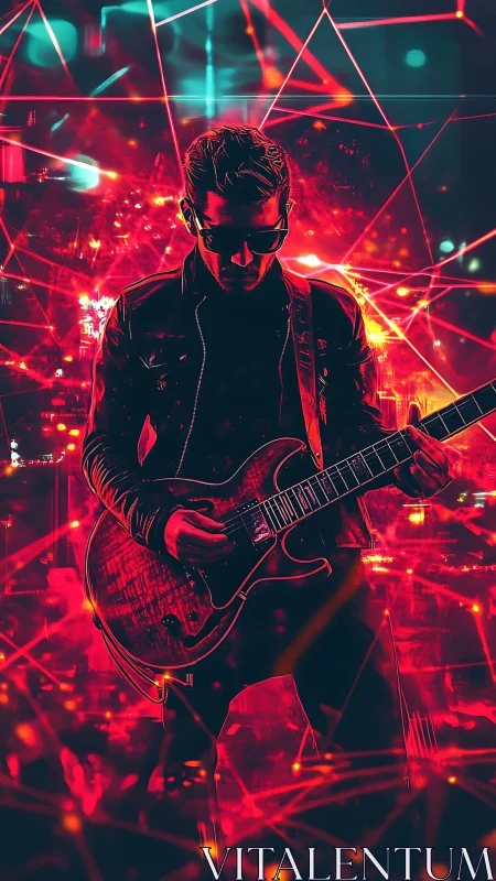 Neon cyberpunk guitarist in electric red city glow.