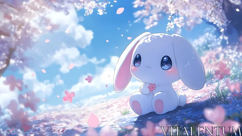 Pastel bunny under luminous cherry blossom canopy.