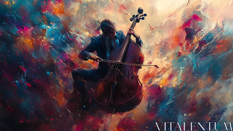 Cellist in mid-air performs among diffuse abstract colors