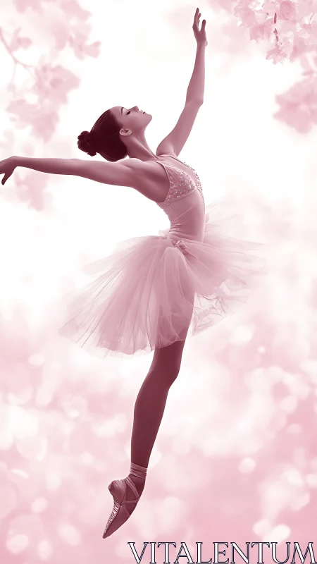 Graceful ballerina in rose-tinted ethereal leap pose.