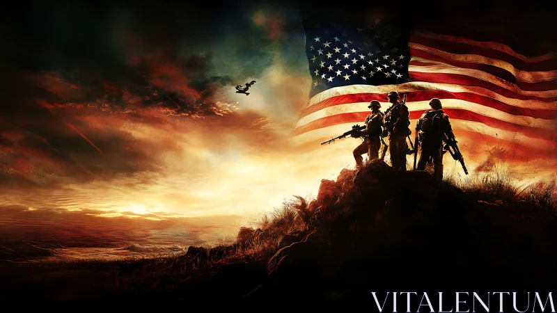 Silhouetted soldiers stand before a large American flag at dusk