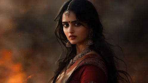 Ember-eyed royal muse in crimson silk amid swirling dusk.