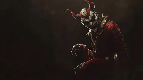 Haunting horned jester leans from darkness in crimson silk
