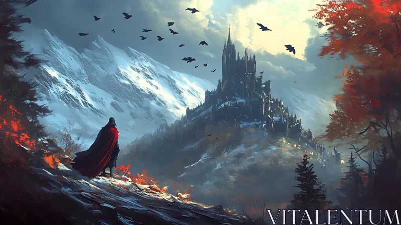 Lone cloaked figure facing dark castle in snowy mountains.