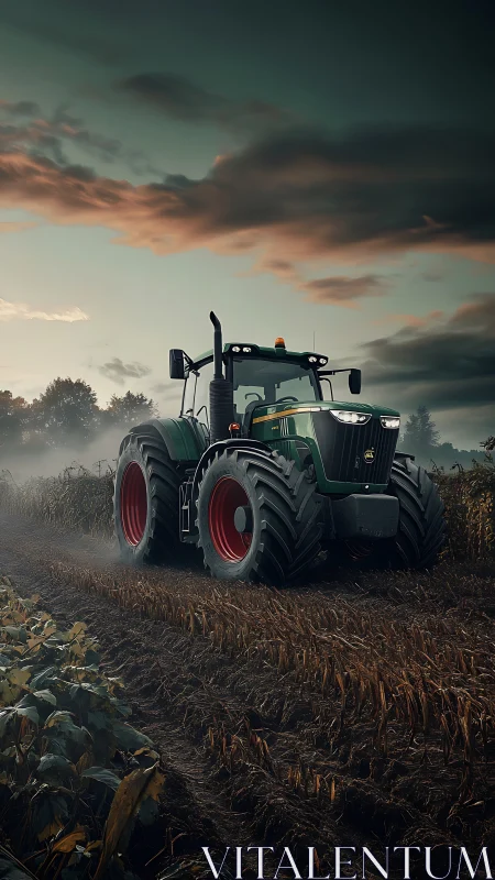 Powerful green tractor on dusk farmland track.