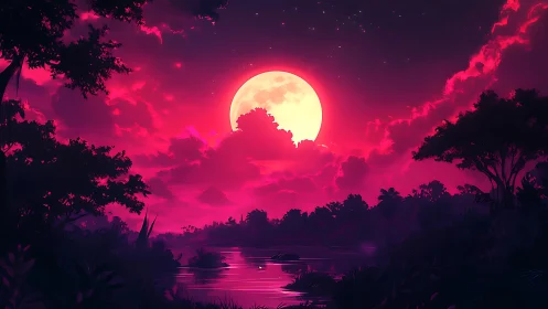 Neon crimson moonrise over tranquil jungle river at dusk.