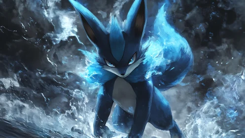 Blazing blue fox warrior strides forward in swirling energy