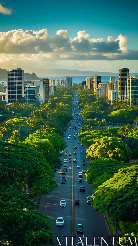 Aerial urban boulevard transecting dense tropical canopy corridor.