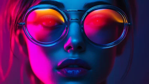 Neon lit portrait shows reflective glasses over calm face