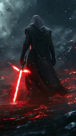 Hooded figure with red cross-guard sword on volcanic ground.