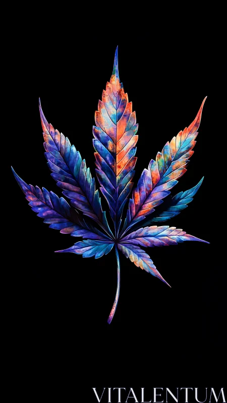 Radiant rainbow leaf glowing against deep night black.