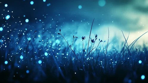Blue nocturnal meadow glows with drifting luminous orbs
