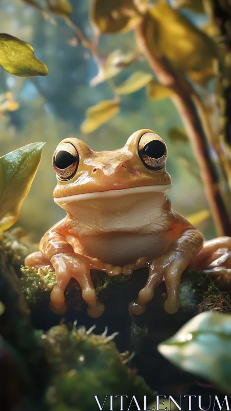 Golden tree frog in luminous forest macro portrait.