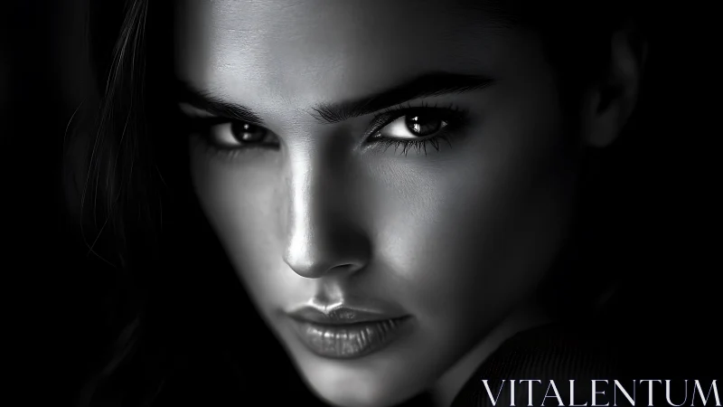 Monochrome close-range portrait with high-contrast specular lighting.