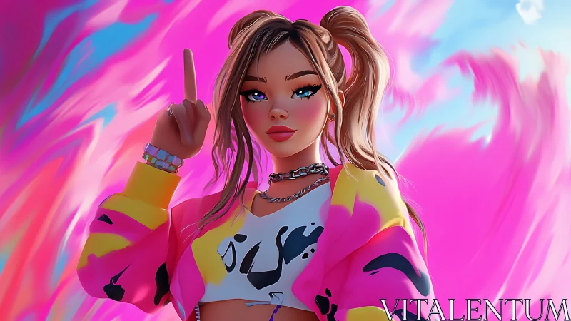 Digital girl raises finger against vivid pink abstract sky