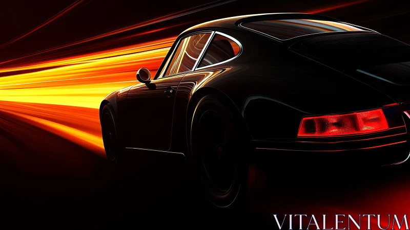 Midnight coupe outruns a neon sunrise on liquid asphalt.