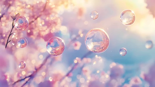 Transparent soap bubbles drift against soft-focus blossoms