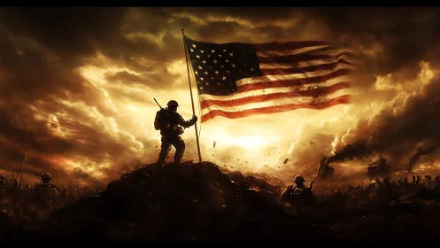 Storm-lit battlefield with a resilient flag of resolve.