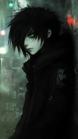 Green-eyed loner rests quietly in a rain-soaked city alley