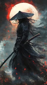 Lone samurai in dark armor under a blood-red moon.