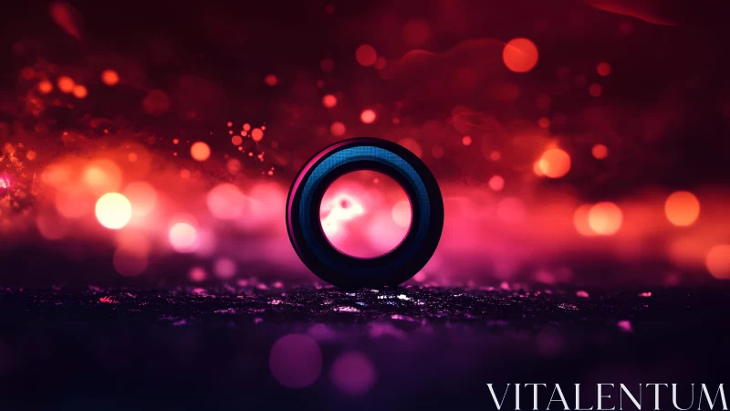 Futuristic glowing ring on textured surface with vibrant bokeh lights.