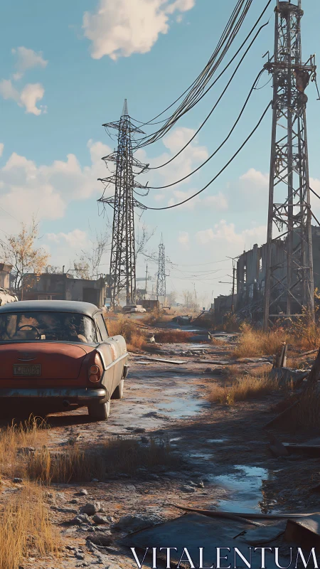 Derelict gridline roadway with rusted sedan and pylons.