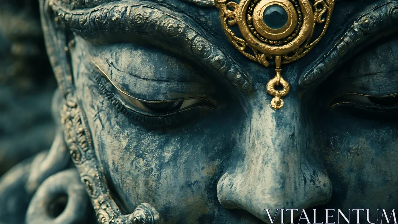 Weathered stone deity face bears ornate golden forehead jewel