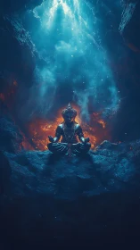 Mystic deity meditating in cavern with cyan flame aura.