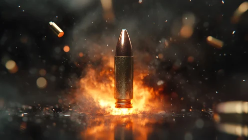Close-up bullet rising in fireburst with flying casings.