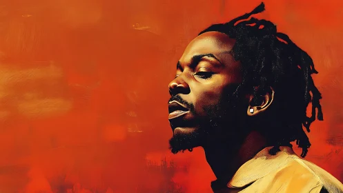 Portrait in stillness against a vivid painted orange field.