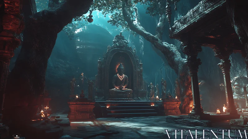 Hidden cavern shrine where ancient roots guard silent prayers.