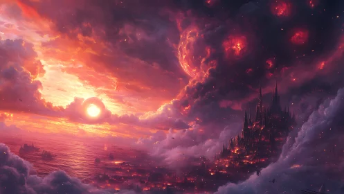 Apocalyptic fantasy skyline under burning celestial storm.