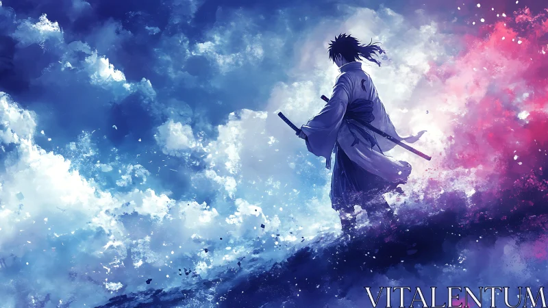 Lone samurai walks horizon between cold blue and warm red sky