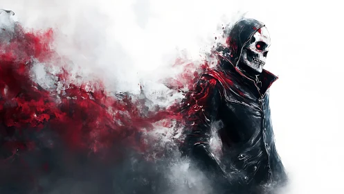 Hooded skull figure dissolving into red smoky mist.