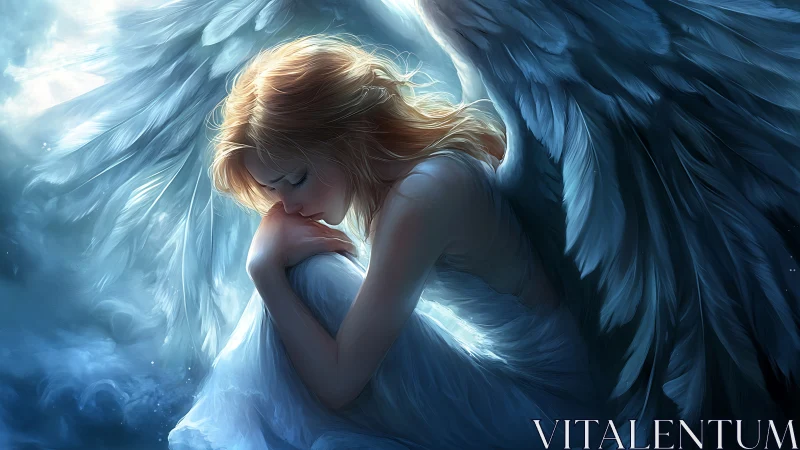 Melancholic angel in luminous blue ethereal lightscape.