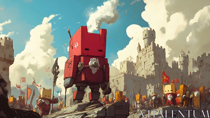 Boxy crimson warlord marches on the toy-like stone citadel