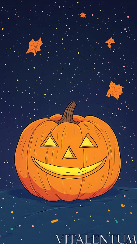 Halloween jack o lantern under starry night sky illustration.