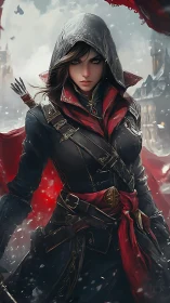 Hooded female rogue stands in snow with red cloak spread